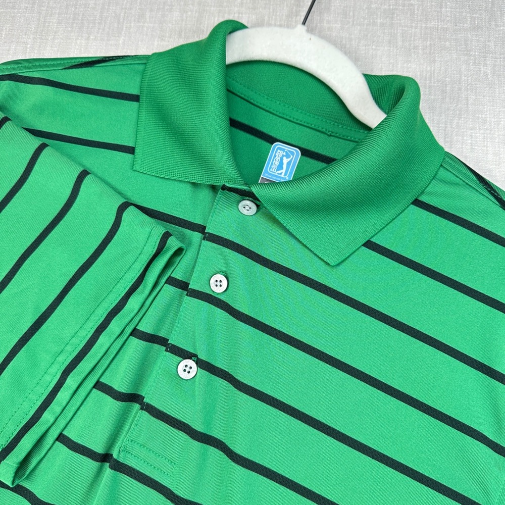 PGA Tour Polo Shirt Men Medium Green Black Striped Airflux Short Sleeve Golf
